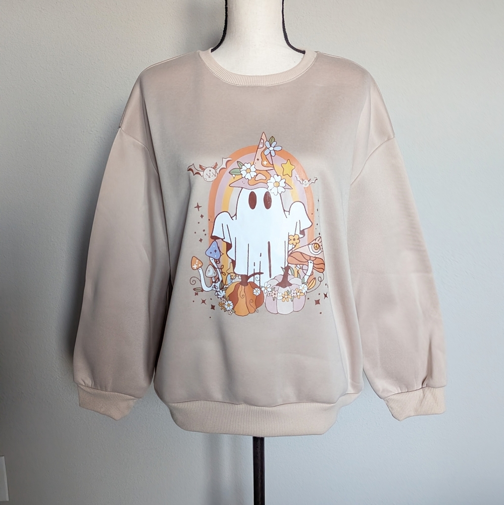 Tan Halloween hippie ghost fleece lined crewneck sweater size L